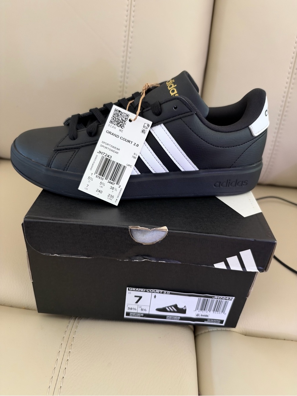 adidas Grand Court 2.0 Sneakers in Black with White Stripes and Gold Logo
